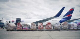 Lotniczy transport kwiatów samolotami cargo. Kontenery z kwiatami przed załadunkiem do samolotu LATAM Cargo